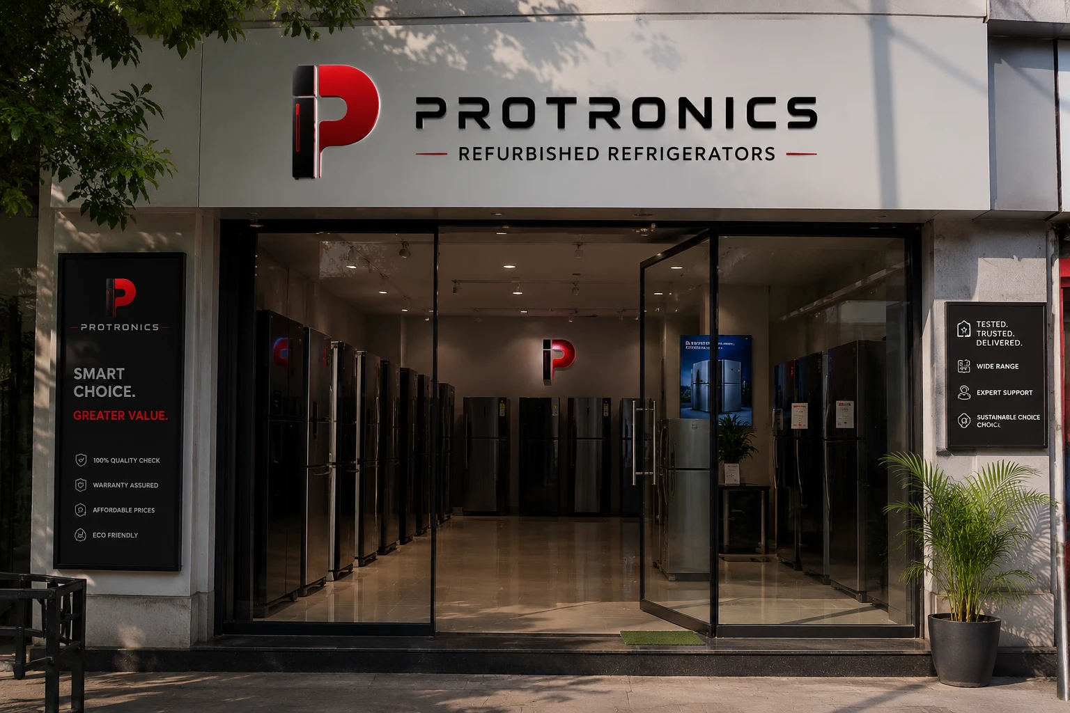 Protronics showroom — refurbished refrigerators on display